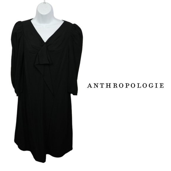 Anthropologie The Korner Black Bow-Tie Elegant Puff Sleeve Shift Dress - Small - Picture 1 of 12
